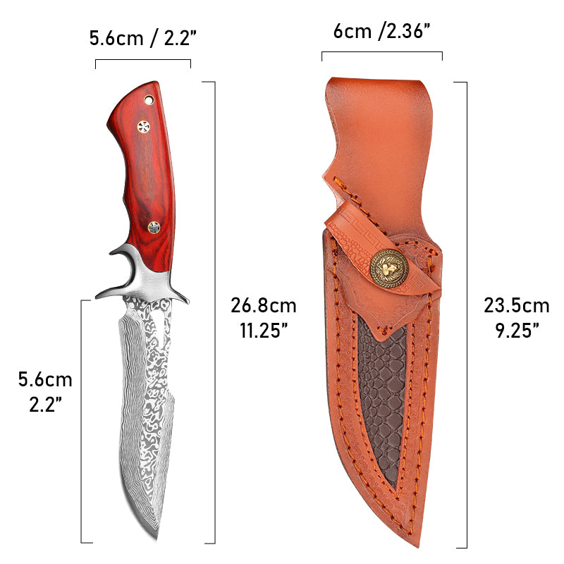 Premium Fixed-Blade Tactical Hunting Knife with Guard and Full-Tang Construction – Sharp Damascus Steel Bowie Knife for Camping – Presented in an EVA Gift Box