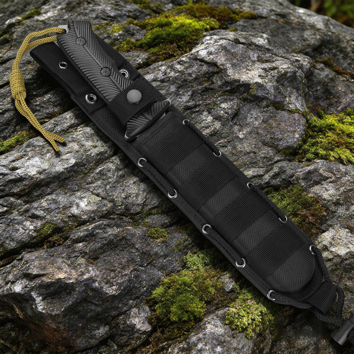Professional outdoor knife for camping, hunting, and self-defense; features a stainless steel blade, nylon-fiberglass handle, and nylon sheath system.