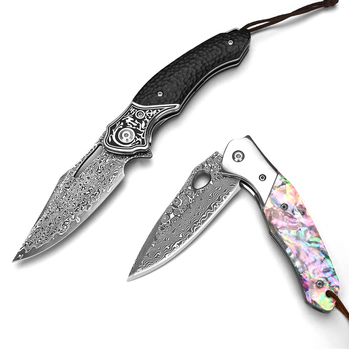 Hand-forged high-carbon VG10 Damascus steel folding knife with wooden handle and leather sheath.
