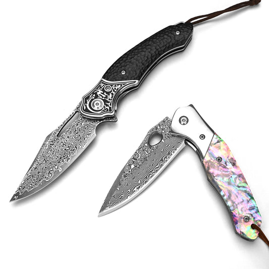 Hand-forged high-carbon VG10 Damascus steel folding knife with wooden handle and leather sheath.