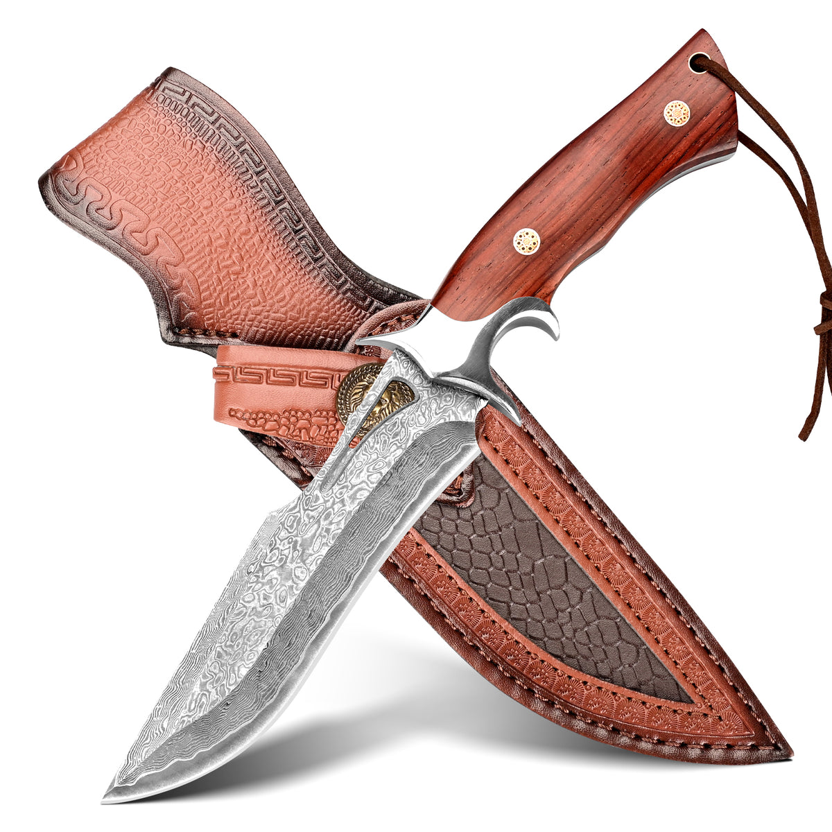 Handcrafted high-quality Damascus steel outdoor survival and hunting knife with a cutout design and wooden handle; customizable; includes sheath.