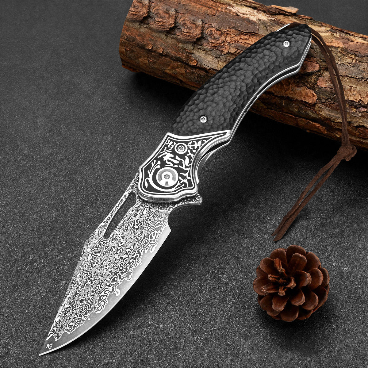 OEM high-quality VG10 Damascus steel outdoor camping folding pocket knife with holster