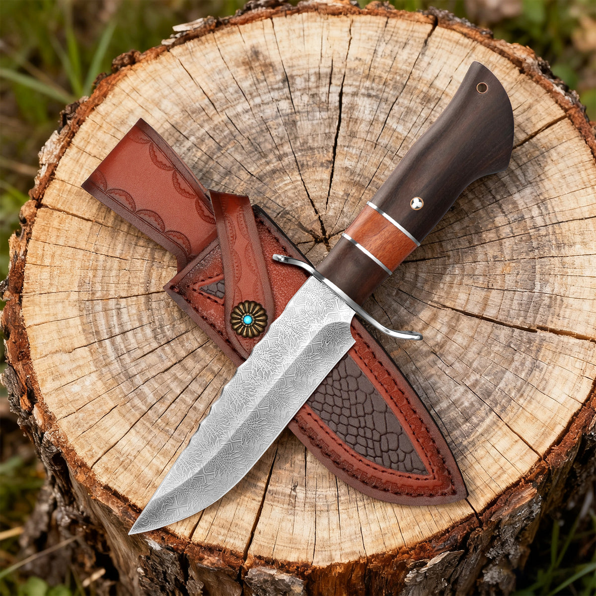Hunting jungle knife with wooden handle, camping fixed blade, camping knife