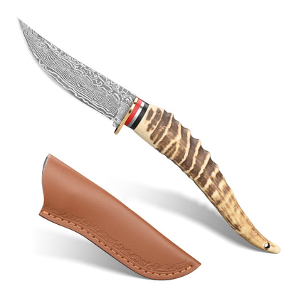 Straight-blade meat knife with Damascus/feather pattern; sharp, portable, and suitable for camping, survival, hiking, and self-defense.
