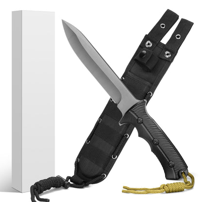 Professional outdoor knife for camping, hunting, and self-defense; features a stainless steel blade, nylon-fiberglass handle, and nylon sheath system.