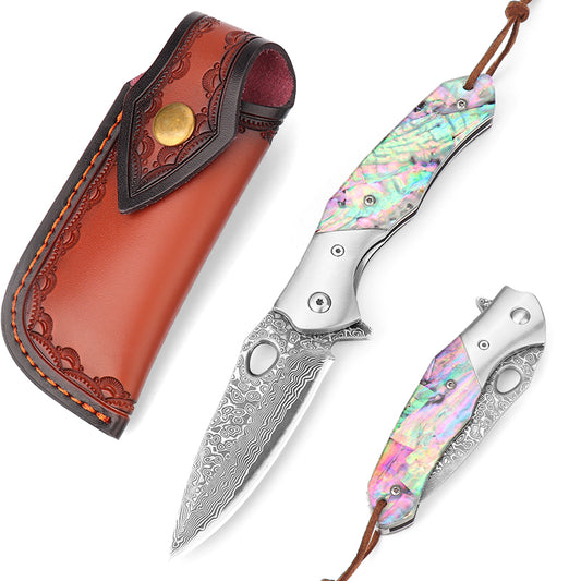 Damascus Steel Folding Knife with Abalone Shell Resin Handle