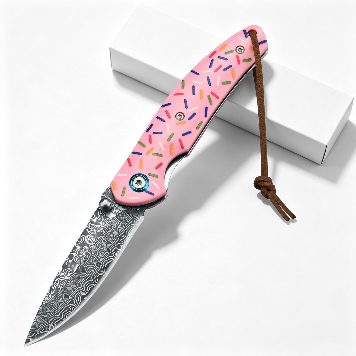 EDC Damascus steel camping and hunting folding knife, cute donut pattern resin handle, OEM customization available, women's version.