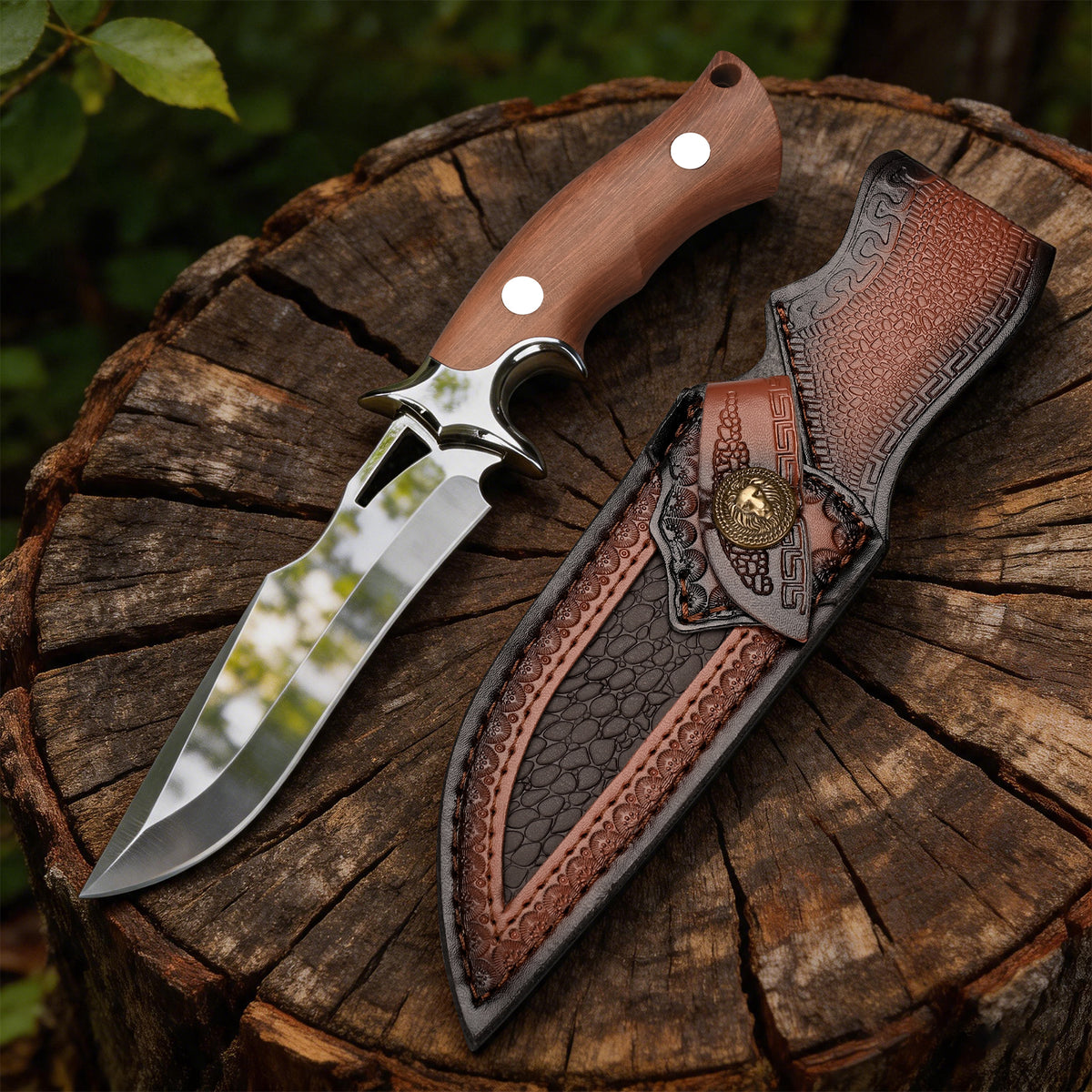 4Cr13MoV Fixed-Blade Knife with Polished Finish, Wooden Handle, and Leather Sheath – EDC Bushcraft Knife Now Available