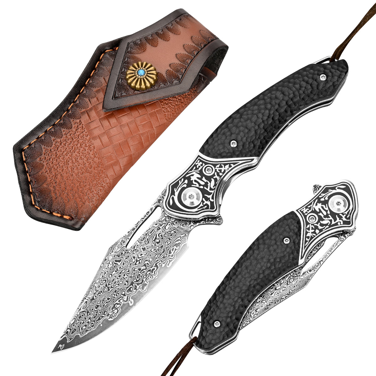 OEM high-quality VG10 Damascus steel outdoor camping folding pocket knife with holster