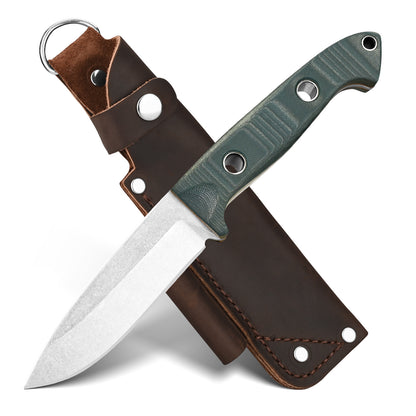 BM-162 Fixed-blade steel G10 fiber handle multi-purpose knife for camping, EDC, and hunting, with leather sheath and non-slip design.
