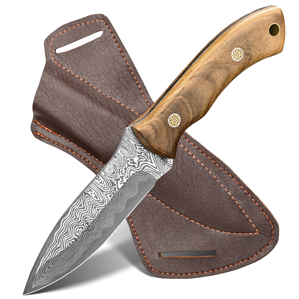 Handmade Damascus steel hunting knife with walnut handle; custom multi-purpose outdoor camping knife (OEM) with sheath.