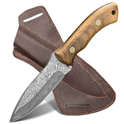 Handmade Damascus steel hunting knife with walnut handle; custom multi-purpose outdoor camping knife (OEM) with sheath.