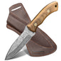 Handmade Damascus steel hunting knife with walnut handle; custom multi-purpose outdoor camping knife (OEM) with sheath.