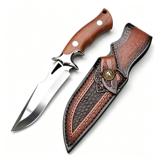 4Cr13MoV Fixed-Blade Knife with Polished Finish, Wooden Handle, and Leather Sheath – EDC Bushcraft Knife Now Available