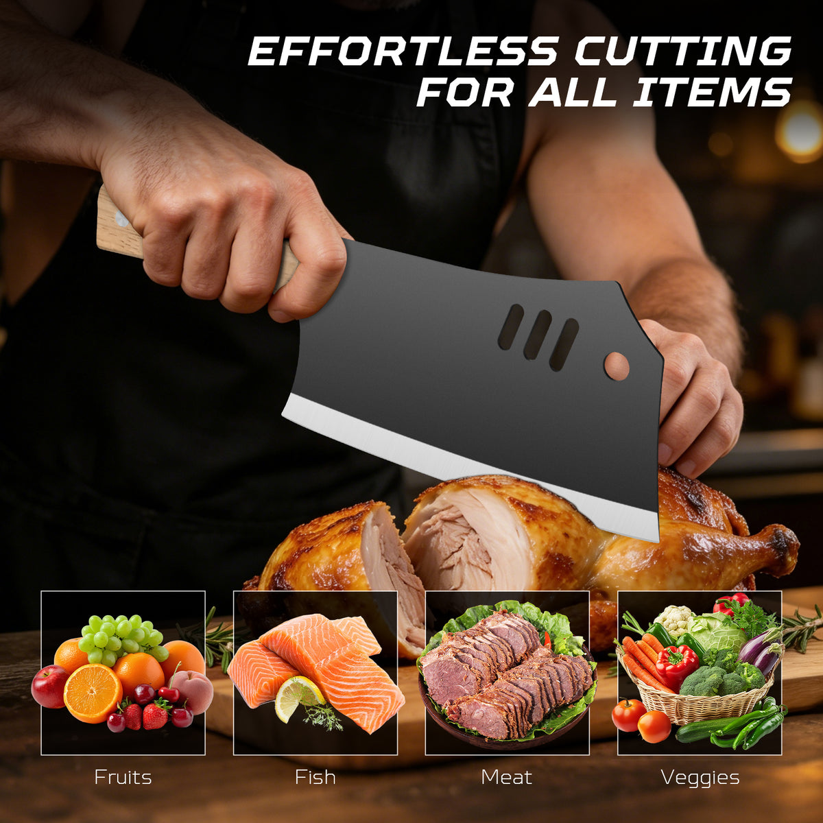 Commercial-Grade 18.5cm Dual-Purpose Cleaver with Wooden Handle – Ultra-Sharp, Heavy-Duty Stainless Steel for Slicing Meat and Chopping Bone