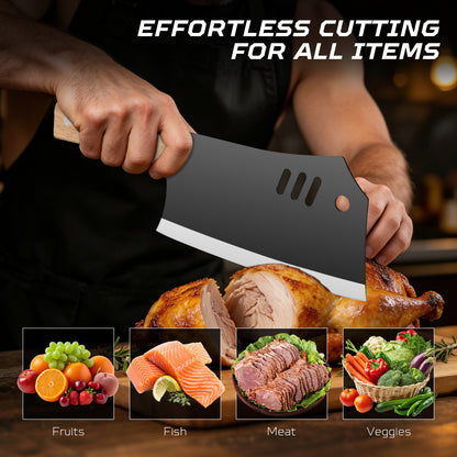 Commercial-Grade 18.5cm Dual-Purpose Cleaver with Wooden Handle – Ultra-Sharp, Heavy-Duty Stainless Steel for Slicing Meat and Chopping Bone