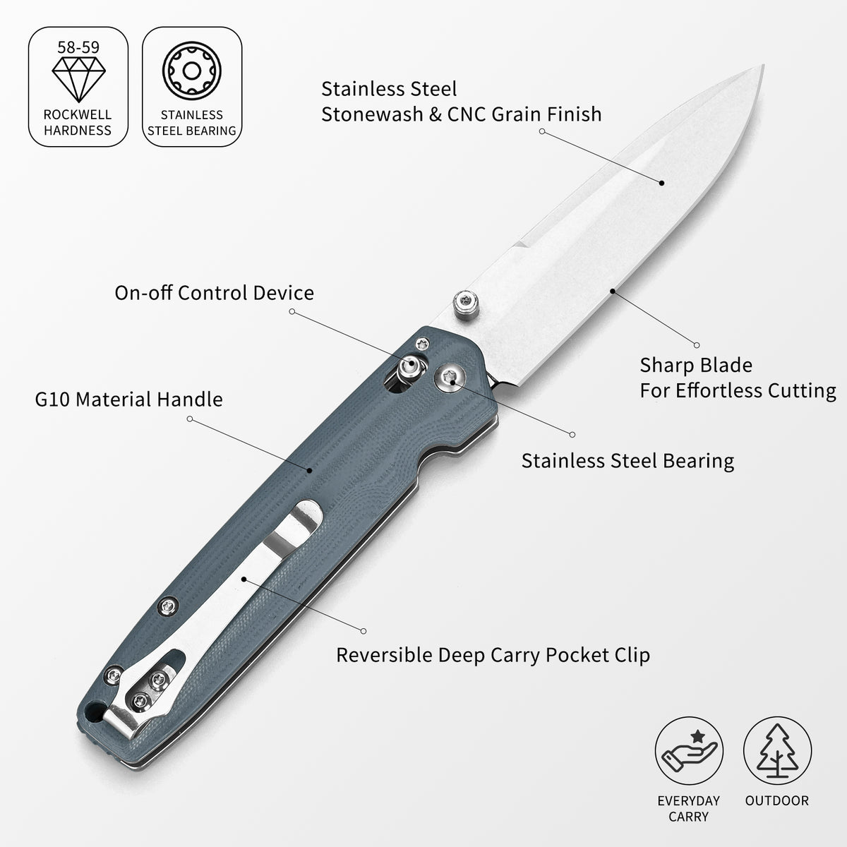 Portable Folding Knife – Stainless Steel Blade, G10 Handle, Tactical/Camping/Outdoor Pocket Knife with Clip