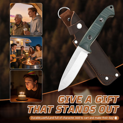 BM-162 Fixed-blade steel G10 fiber handle multi-purpose knife for camping, EDC, and hunting, with leather sheath and non-slip design.