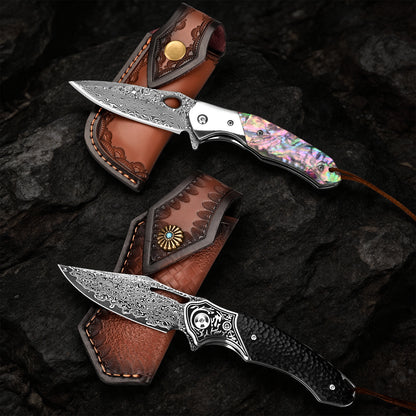 Hand-forged high-carbon VG10 Damascus steel folding knife with wooden handle and leather sheath.