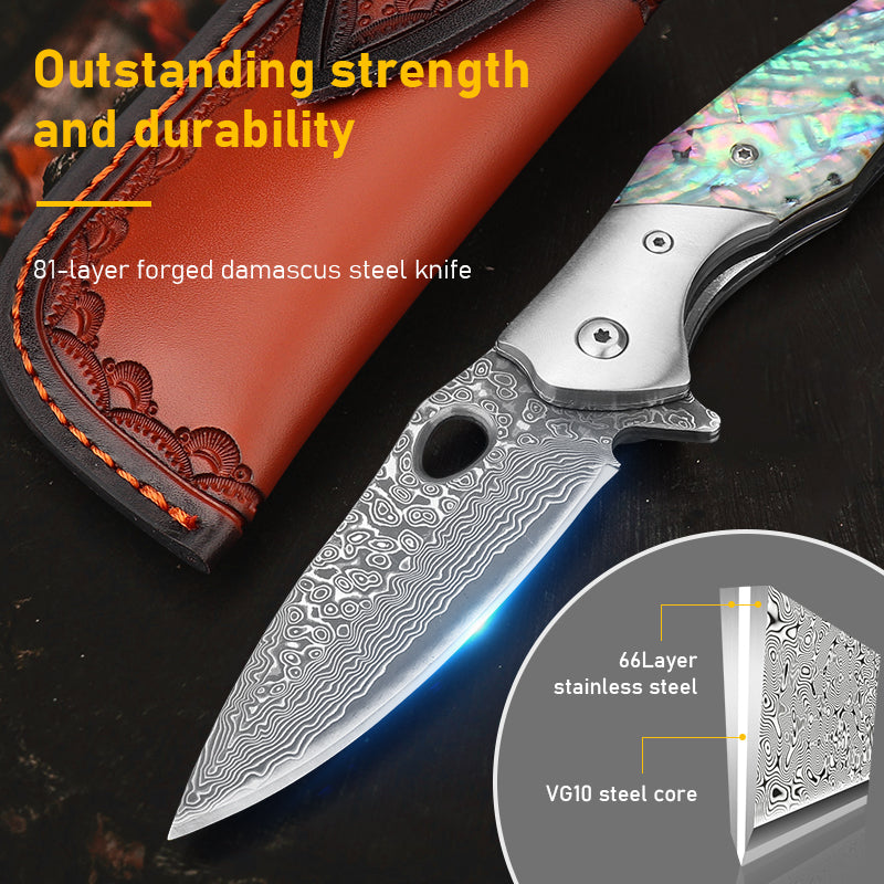 Damascus Steel Folding Knife with Abalone Shell Resin Handle