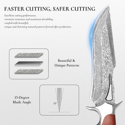 Handcrafted high-quality Damascus steel outdoor survival and hunting knife with a cutout design and wooden handle; customizable; includes sheath.