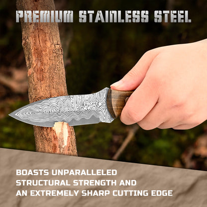 Handmade Damascus steel hunting knife with walnut handle; custom multi-purpose outdoor camping knife (OEM) with sheath.