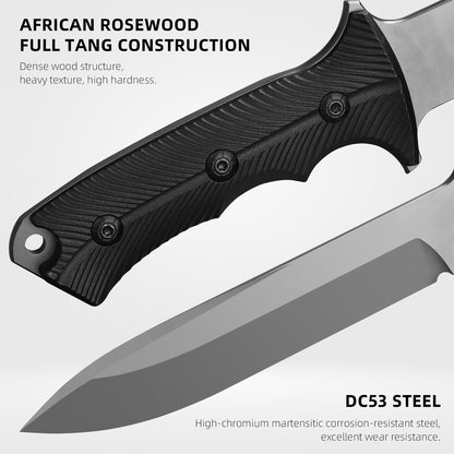 Professional outdoor knife for camping, hunting, and self-defense; features a stainless steel blade, nylon-fiberglass handle, and nylon sheath system.