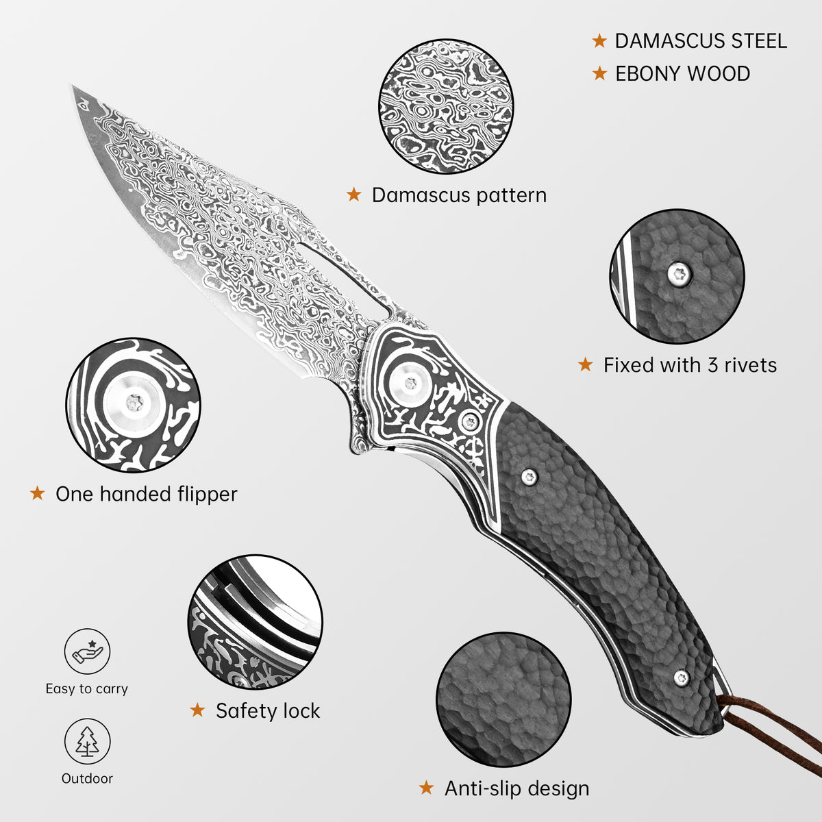 OEM high-quality VG10 Damascus steel outdoor camping folding pocket knife with holster