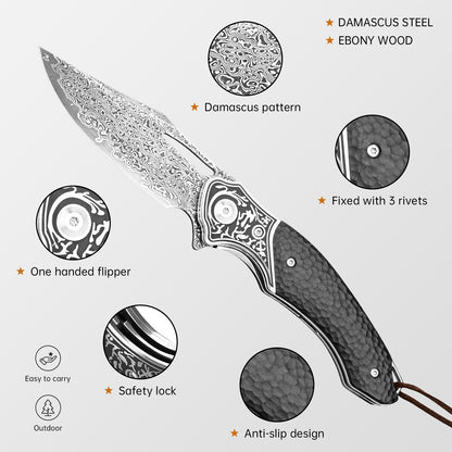 OEM high-quality VG10 Damascus steel outdoor camping folding pocket knife with holster