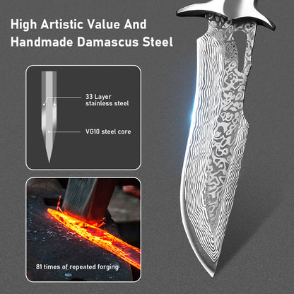 Premium Fixed-Blade Tactical Hunting Knife with Guard and Full-Tang Construction – Sharp Damascus Steel Bowie Knife for Camping – Presented in an EVA Gift Box
