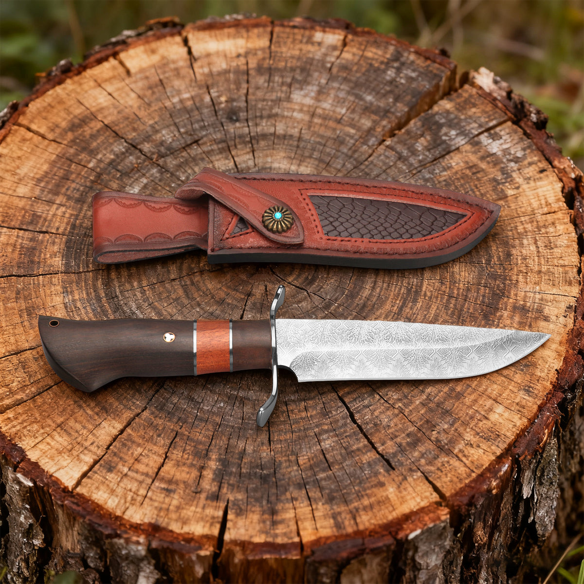 Hunting jungle knife with wooden handle, camping fixed blade, camping knife