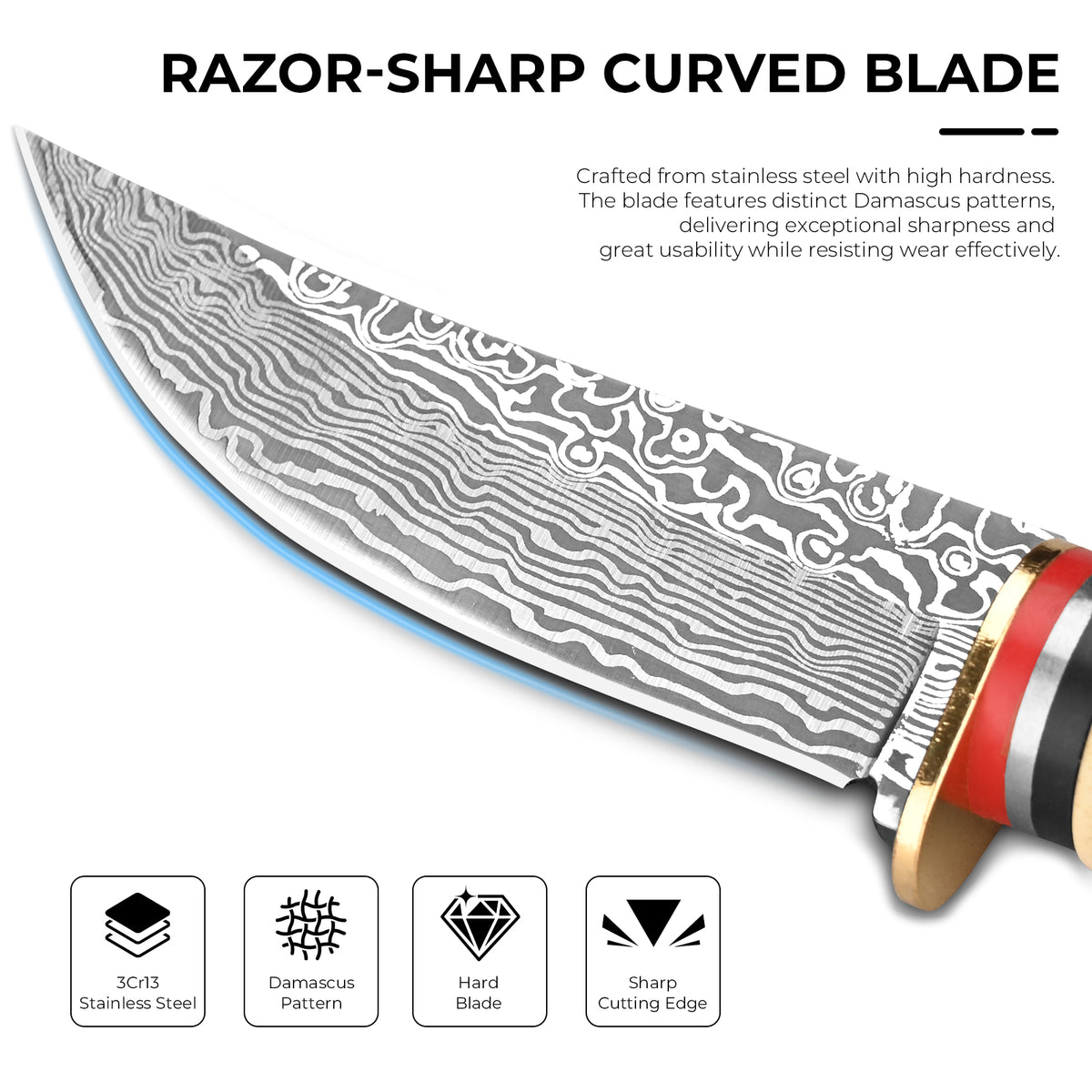 Straight-blade meat knife with Damascus/feather pattern; sharp, portable, and suitable for camping, survival, hiking, and self-defense.