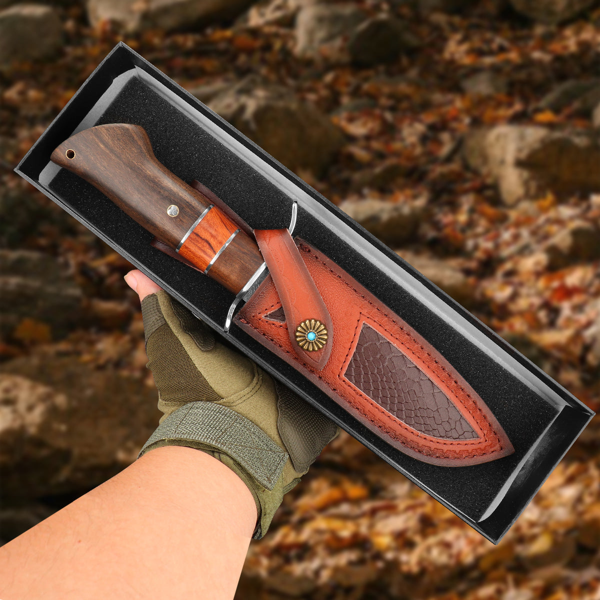 Hunting jungle knife with wooden handle, camping fixed blade, camping knife
