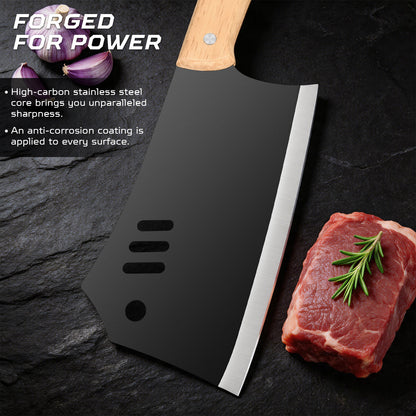 Commercial-Grade 18.5cm Dual-Purpose Cleaver with Wooden Handle – Ultra-Sharp, Heavy-Duty Stainless Steel for Slicing Meat and Chopping Bone