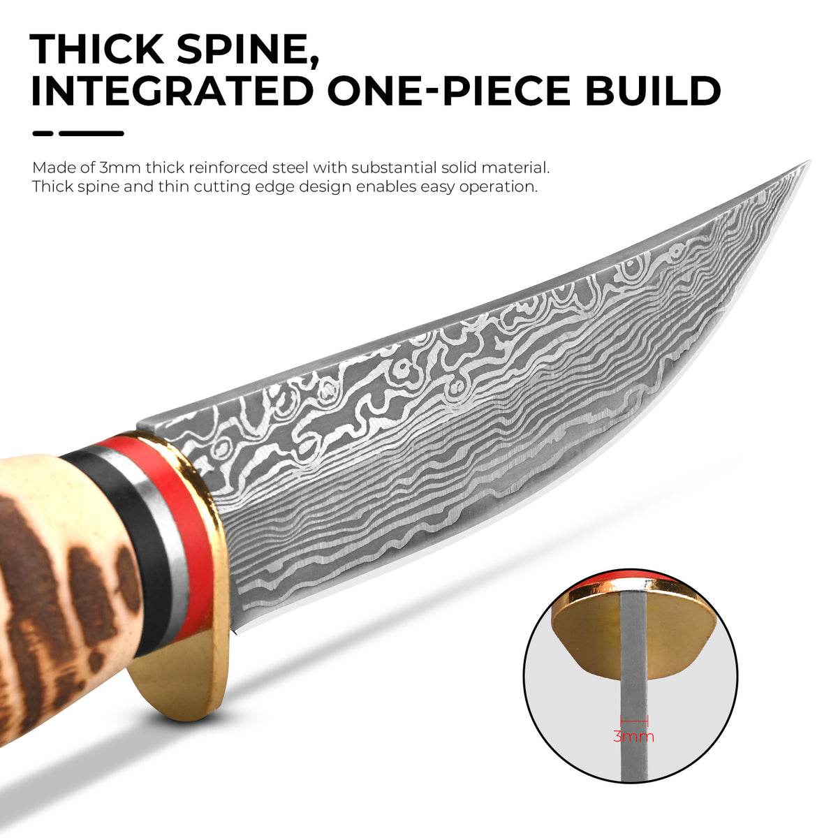 Straight-blade meat knife with Damascus/feather pattern; sharp, portable, and suitable for camping, survival, hiking, and self-defense.