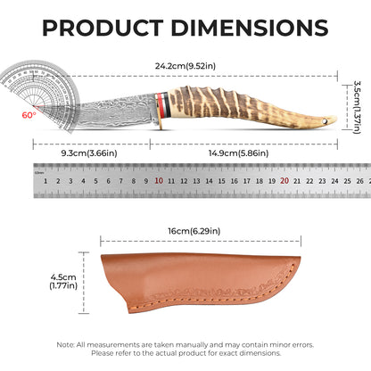 Straight-blade meat knife with Damascus/feather pattern; sharp, portable, and suitable for camping, survival, hiking, and self-defense.