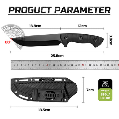 Outdoor tactical K-type sheath survival knife with whistle, magnesium rod, compass, stainless steel blade and nylon handle.