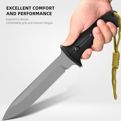 Professional outdoor knife for camping, hunting, and self-defense; features a stainless steel blade, nylon-fiberglass handle, and nylon sheath system.