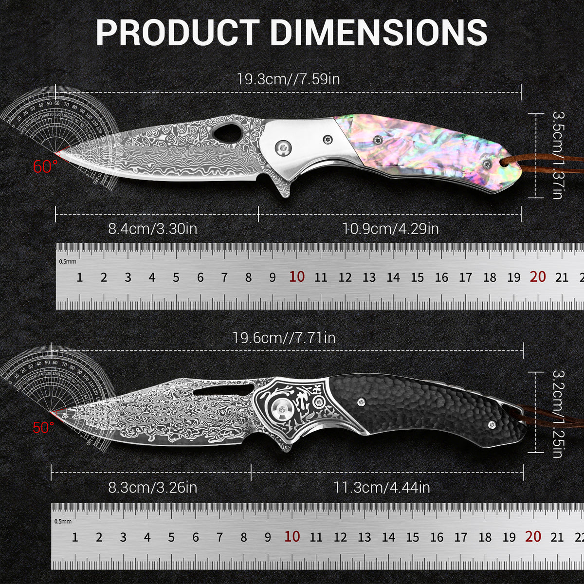 Hand-forged high-carbon VG10 Damascus steel folding knife with wooden handle and leather sheath.