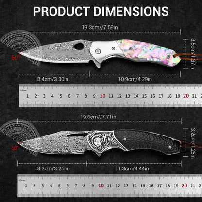 Hand-forged high-carbon VG10 Damascus steel folding knife with wooden handle and leather sheath.