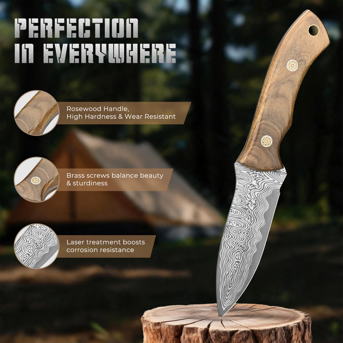 Handmade Damascus steel hunting knife with walnut handle; custom multi-purpose outdoor camping knife (OEM) with sheath.
