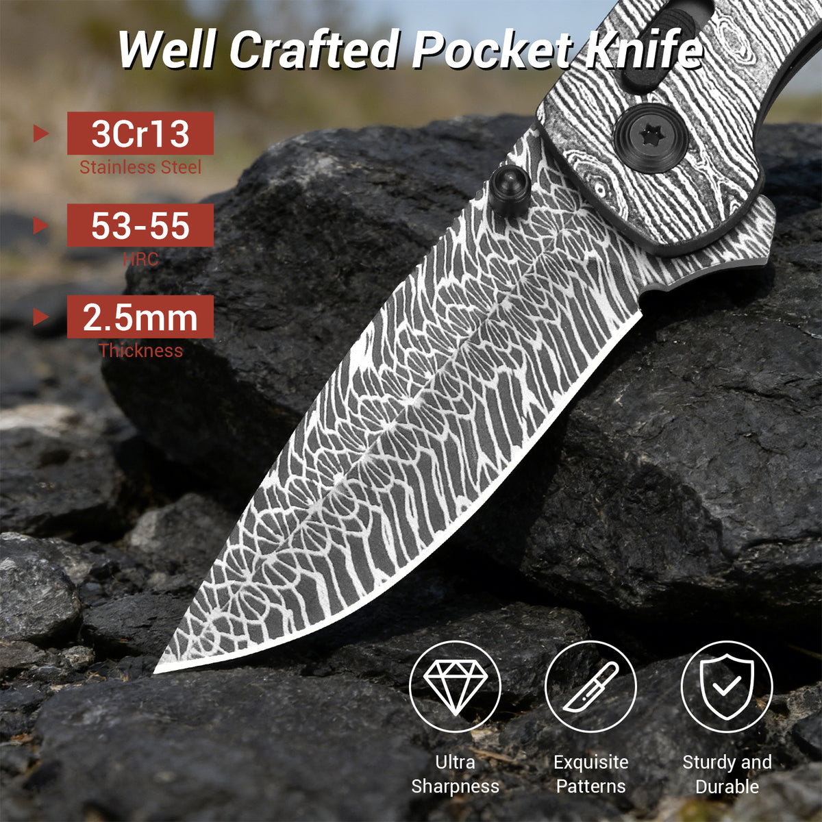 Damascus Steel Folding Pocket Knife | Axis Lock Wood Handle EDC Outdoor Knife