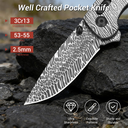 Damascus Steel Folding Pocket Knife | Axis Lock Wood Handle EDC Outdoor Knife