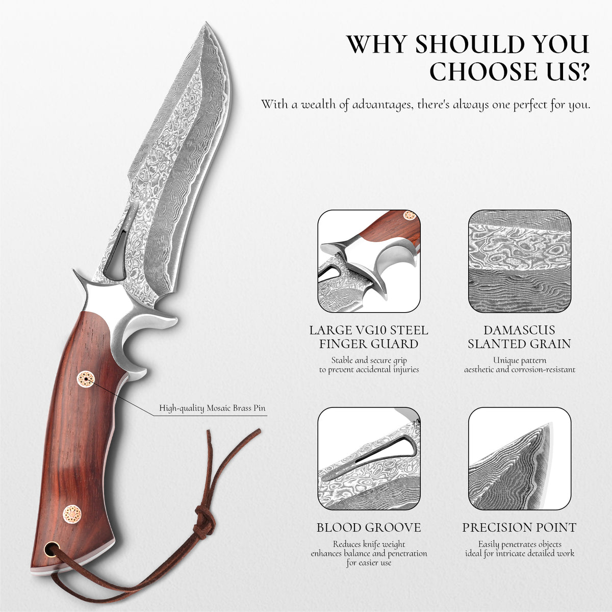 Handcrafted high-quality Damascus steel outdoor survival and hunting knife with a cutout design and wooden handle; customizable; includes sheath.