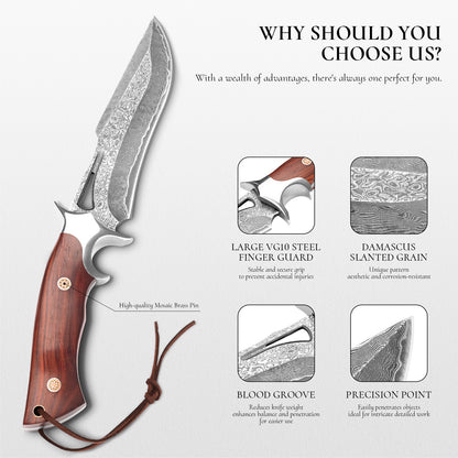 Handcrafted high-quality Damascus steel outdoor survival and hunting knife with a cutout design and wooden handle; customizable; includes sheath.