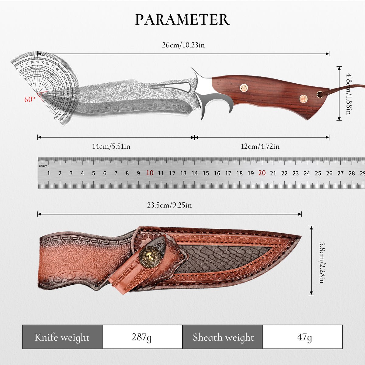 Handcrafted high-quality Damascus steel outdoor survival and hunting knife with a cutout design and wooden handle; customizable; includes sheath.