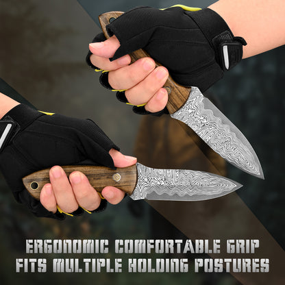Handmade Damascus steel hunting knife with walnut handle; custom multi-purpose outdoor camping knife (OEM) with sheath.