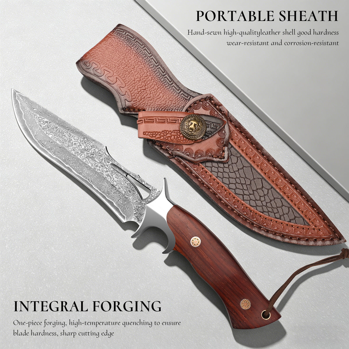 Handcrafted high-quality Damascus steel outdoor survival and hunting knife with a cutout design and wooden handle; customizable; includes sheath.