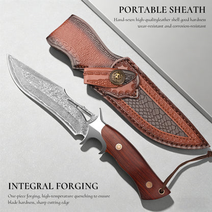 Handcrafted high-quality Damascus steel outdoor survival and hunting knife with a cutout design and wooden handle; customizable; includes sheath.