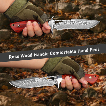 Premium Fixed-Blade Tactical Hunting Knife with Guard and Full-Tang Construction – Sharp Damascus Steel Bowie Knife for Camping – Presented in an EVA Gift Box